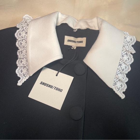 NEW! Shushu/Tong- Black Round Sleeve Coat White Collar UK 10 US 6 Oversized - Picture 14 of 15